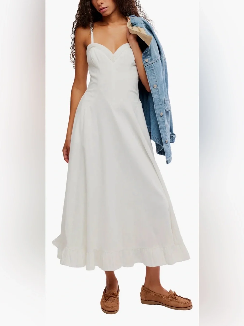 Free People White Midi Sundress with Sweetheart Neckline